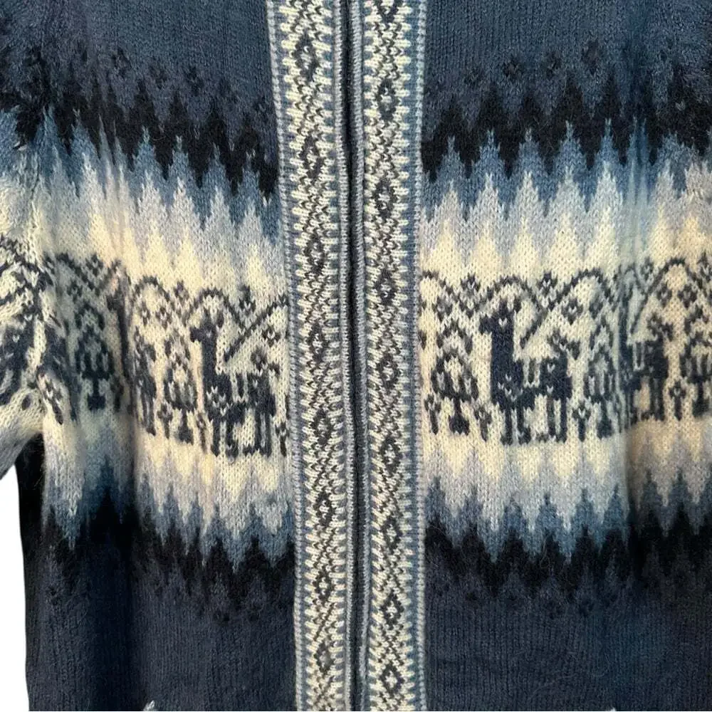 Alpaca Connection Peru Alpaca Cardigan Blue Fair Isle Cabincore Winter Large